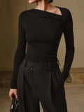 Asymmetric Neck Ribbed Knit Top in Black — Svelte Chic