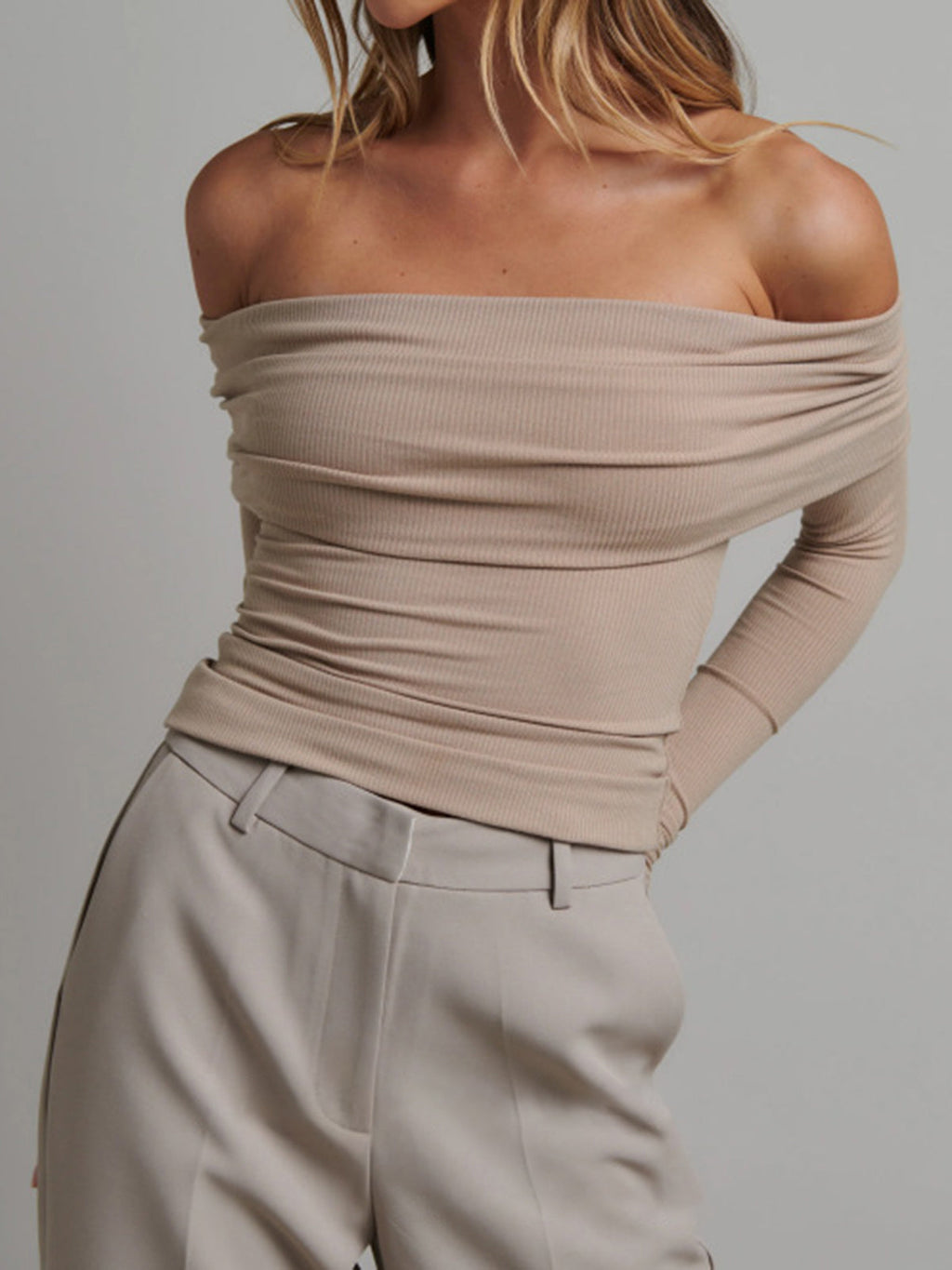 Boat Neck Long Sleeve Cropped Top in Apricot — Svelte Chic