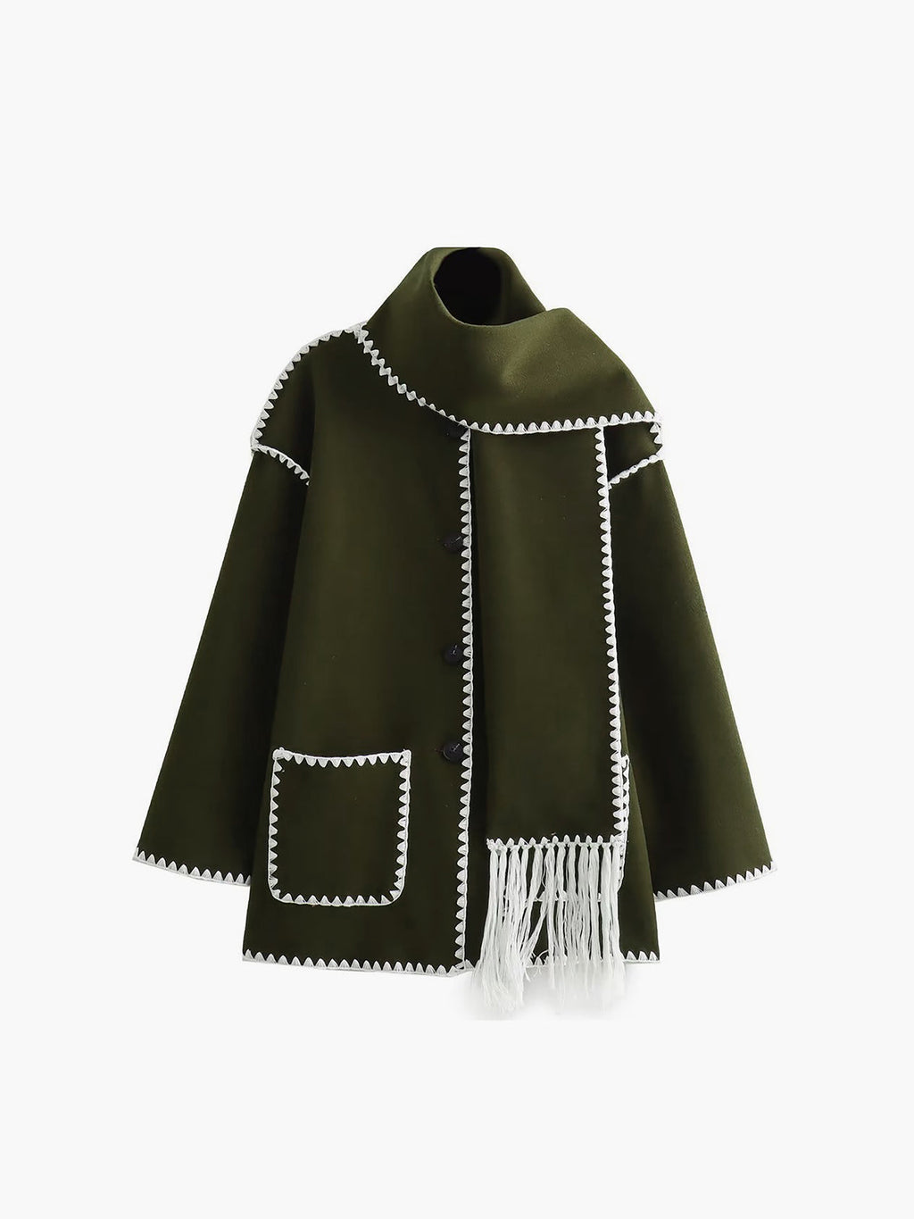Scarf Collar Contrast Trim Jacket in Army Green — Svelte Chic