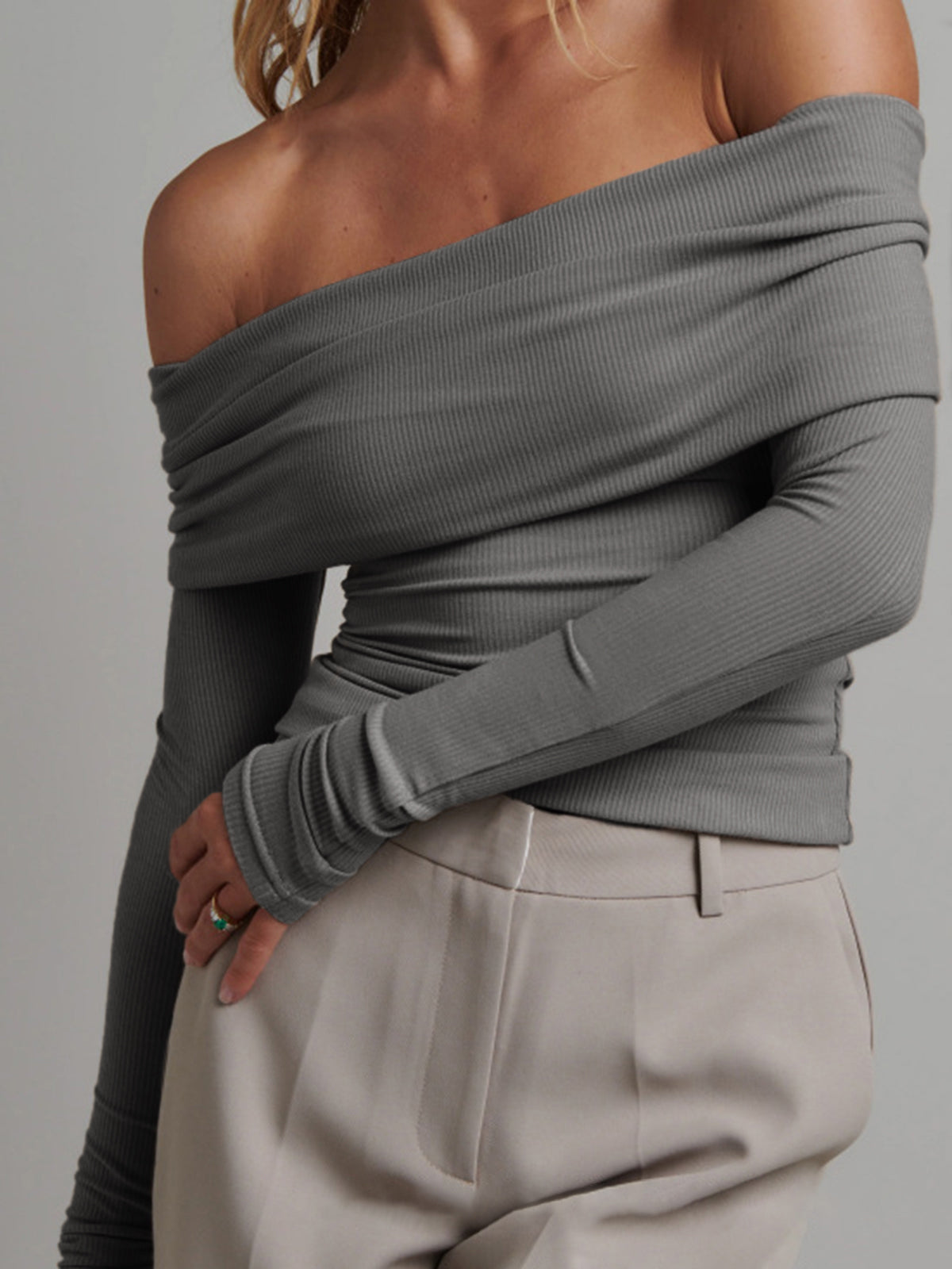 Boat Neck Long Sleeve Cropped Top in Grey — Svelte Chic
