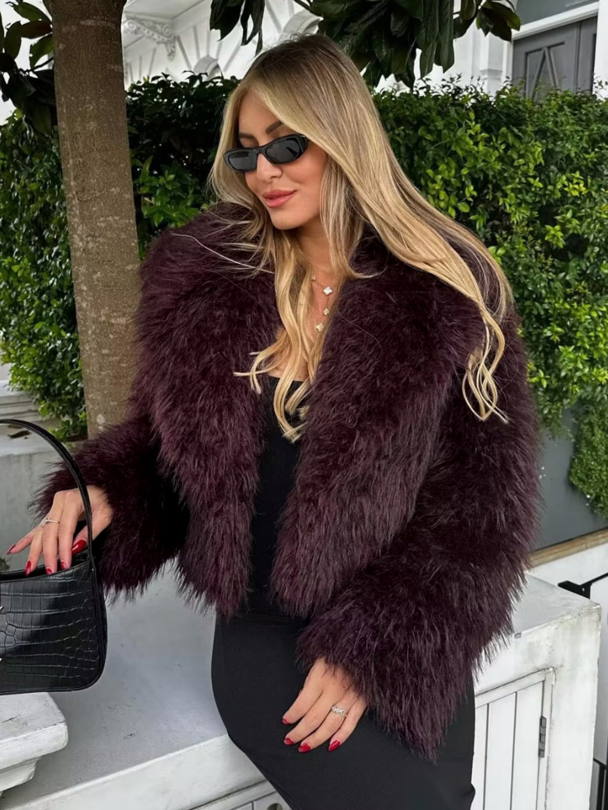 Faux Fur Short Coat — Burgundy — Svelte Chic