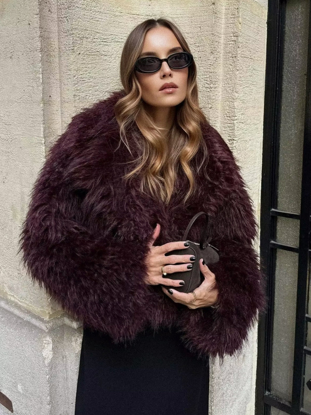 Faux Fur Short Coat — Burgundy in Burgundy — Svelte Chic