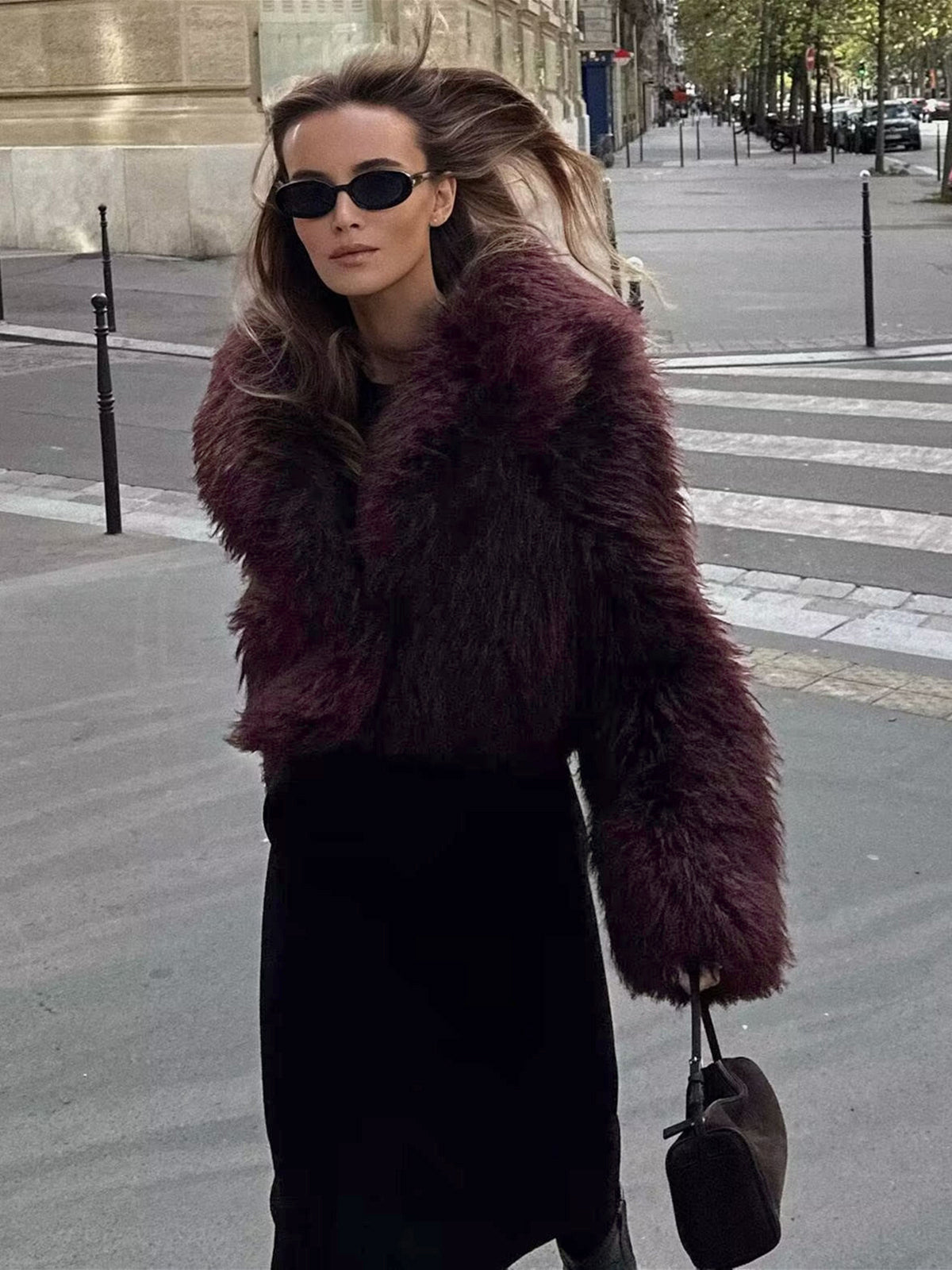 Faux Fur Short Coat — Burgundy — Svelte Chic