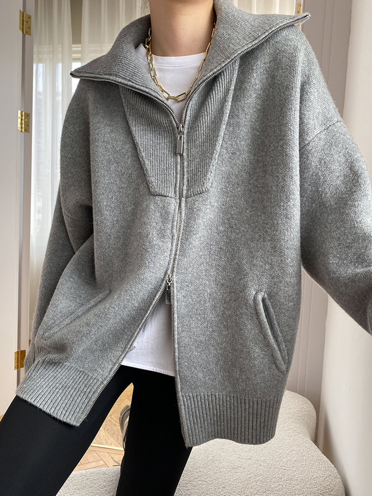 Zip Collar Oversized Knit Cardigan — Svelte Chic