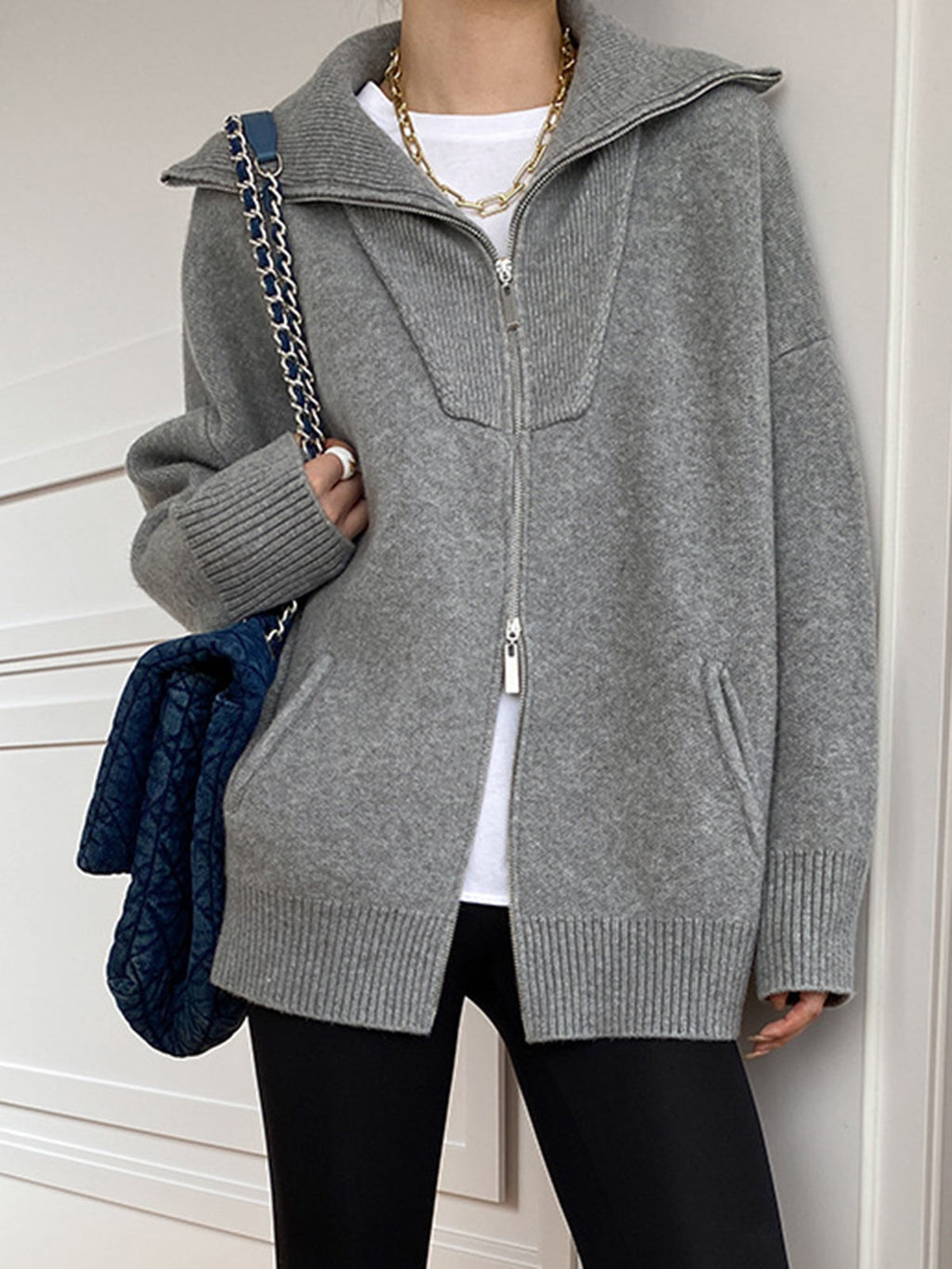 Zip Collar Oversized Knit Cardigan — Svelte Chic