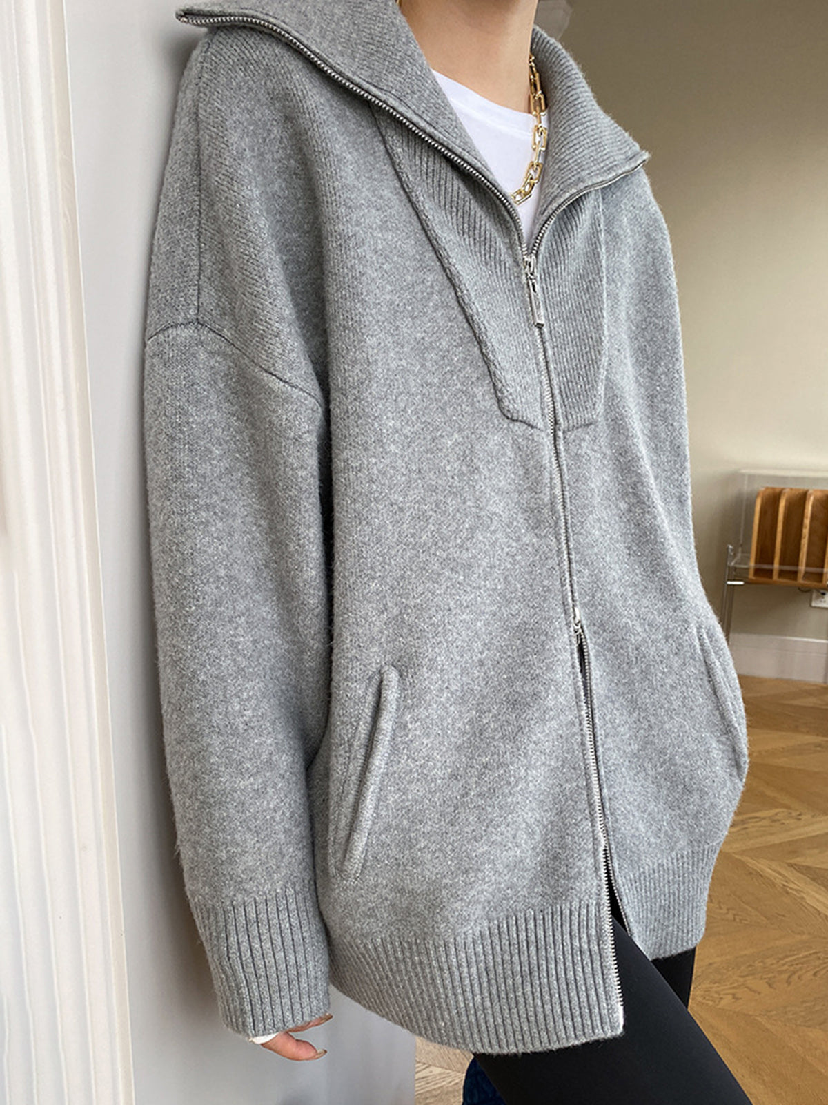 Zip Collar Oversized Knit Cardigan — Svelte Chic