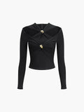 Metal Detail Criss-Cross Top — Black V-Neck in Black — Svelte Chic