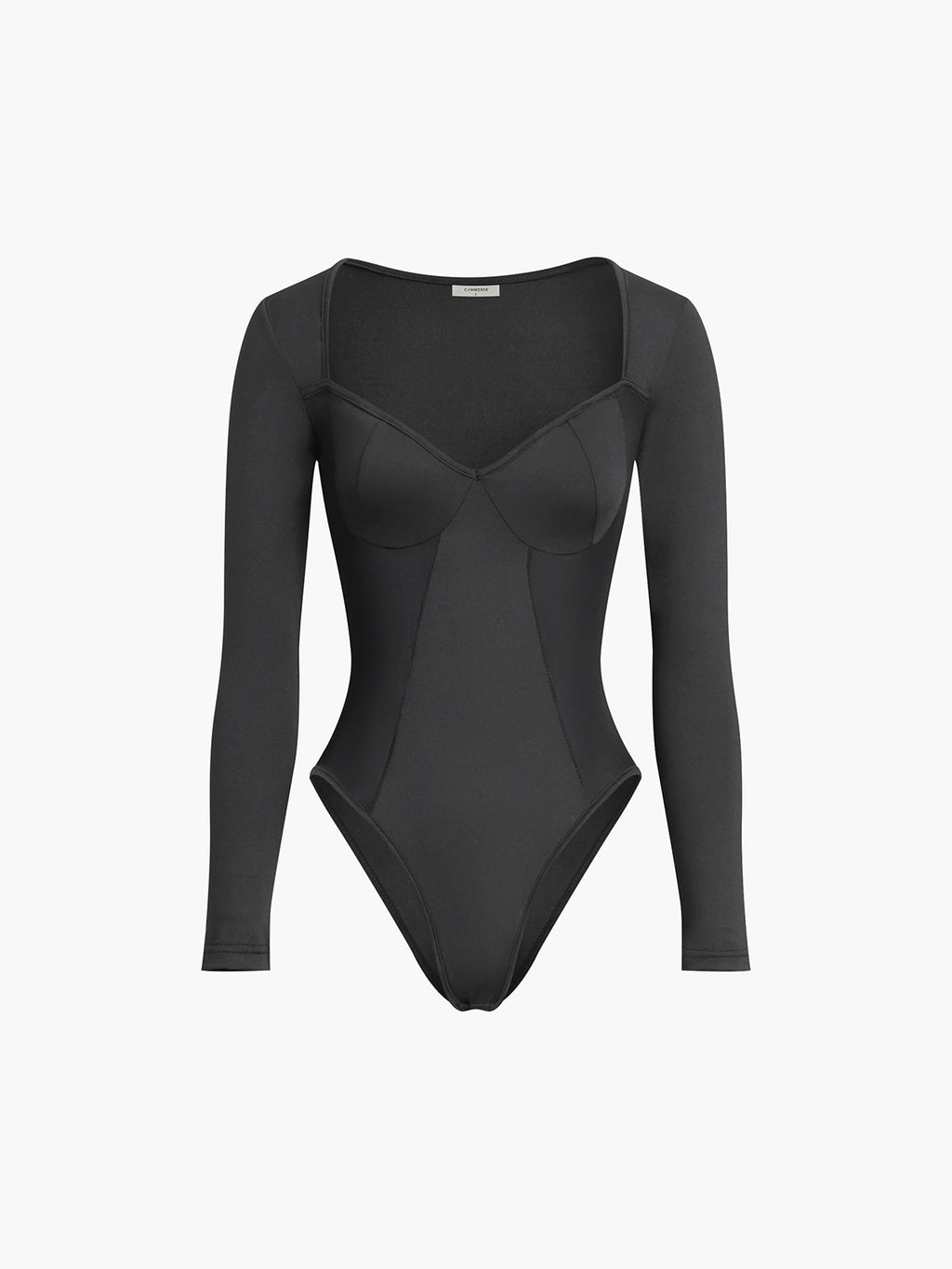 Sweetheart Patchwork Long Sleeve Bodysuit — Black in Black — Svelte Chic