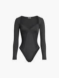 Sweetheart Patchwork Long Sleeve Bodysuit — Black in Black — Svelte Chic