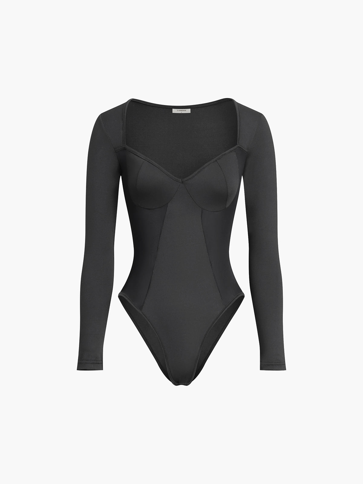 Sweetheart Patchwork Long Sleeve Bodysuit — Black in Black — Svelte Chic