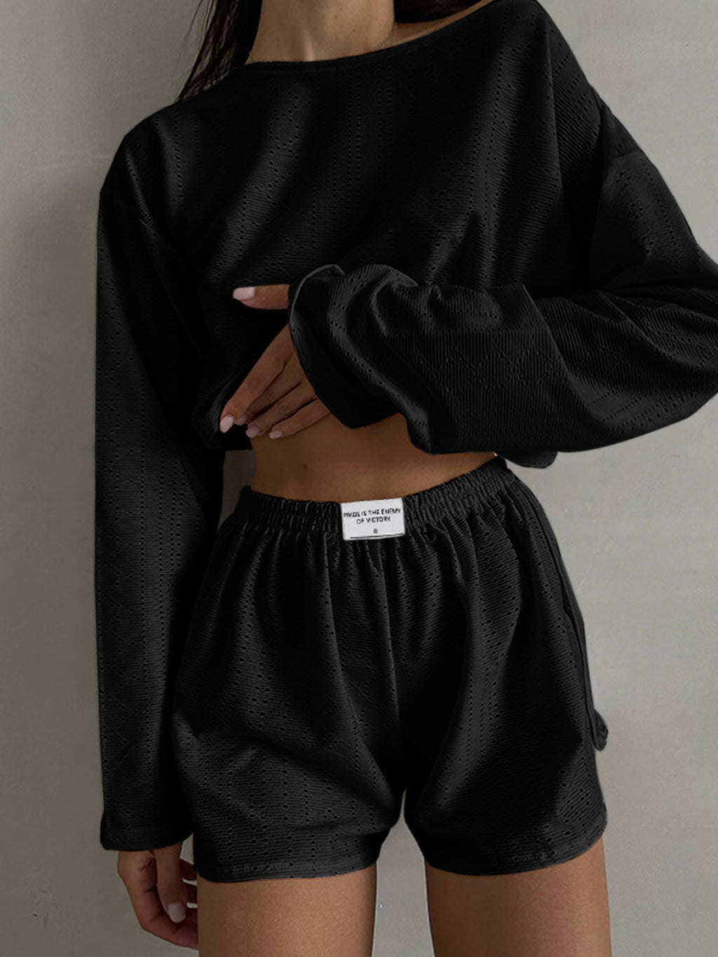 Distressed Split Shorts Set — Black Long Sleeve in Black — Svelte Chic