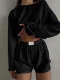 Distressed Split Shorts Set — Black Long Sleeve in Black — Svelte Chic