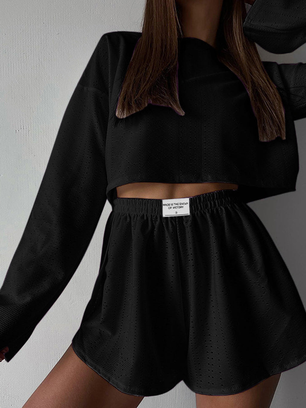 Distressed Split Shorts Set — Black Long Sleeve — Svelte Chic