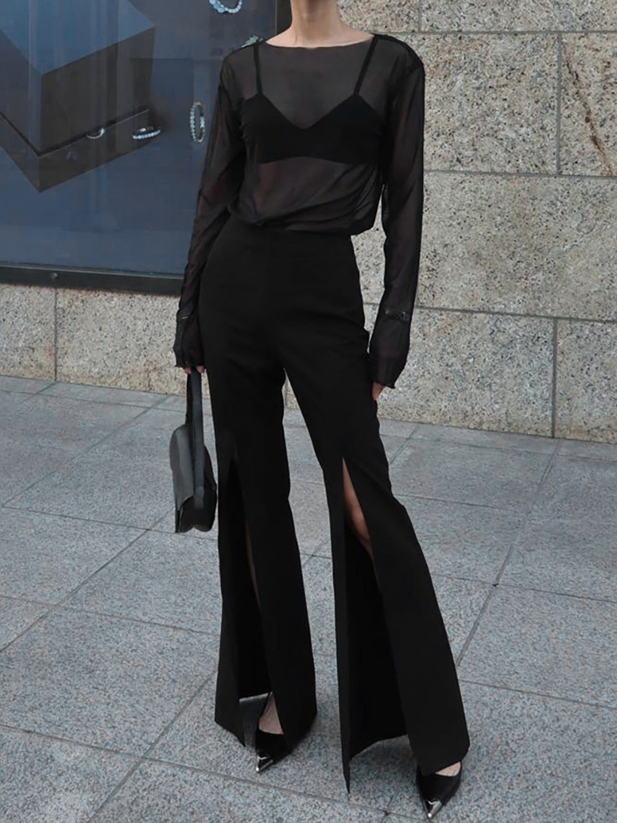 Sheer Mesh Long Sleeve Top — Black — Svelte Chic