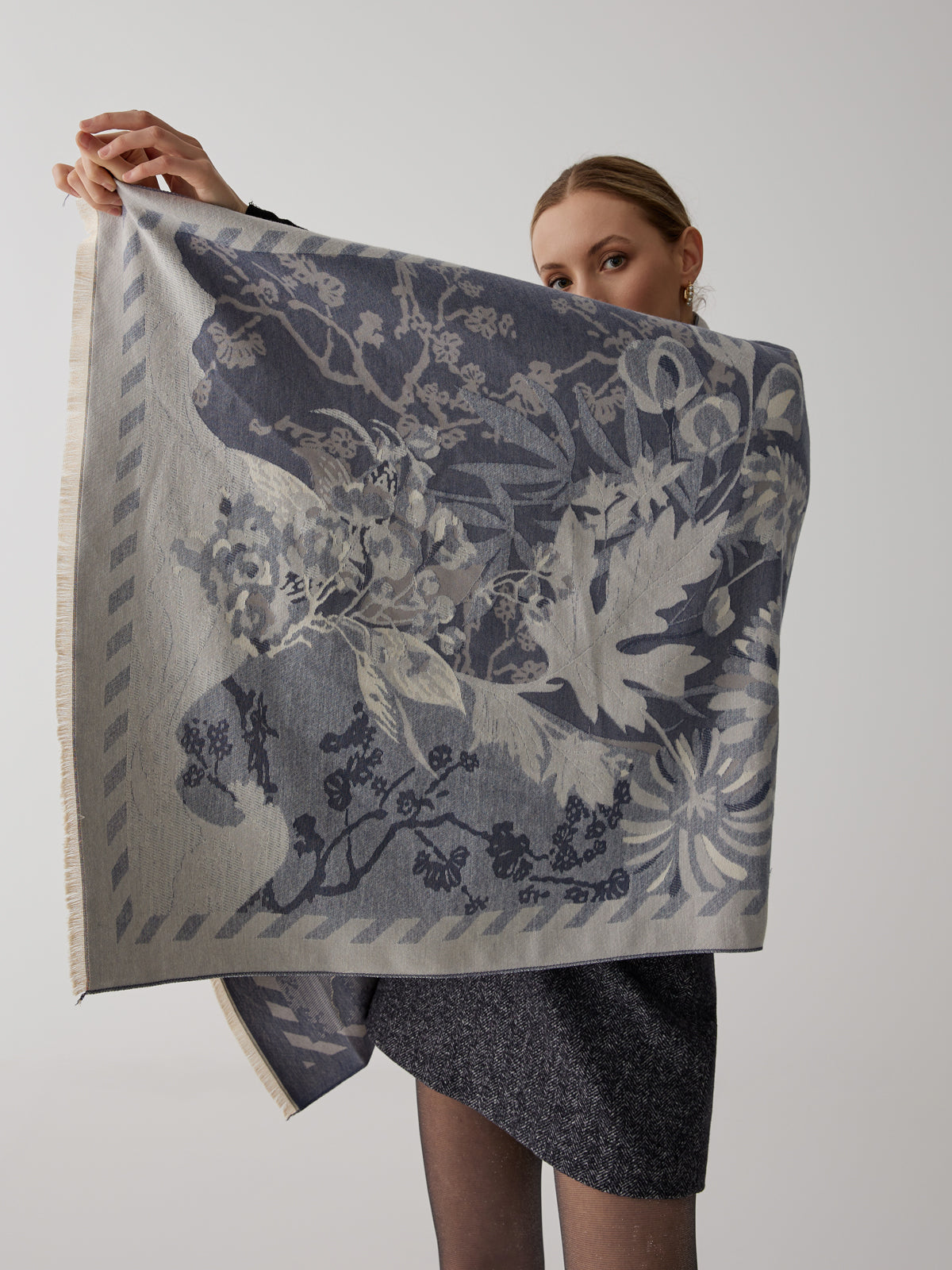 Vintage Floral Jacquard Cotton Scarf — Blue, 180 cm in Blue — Svelte Chic