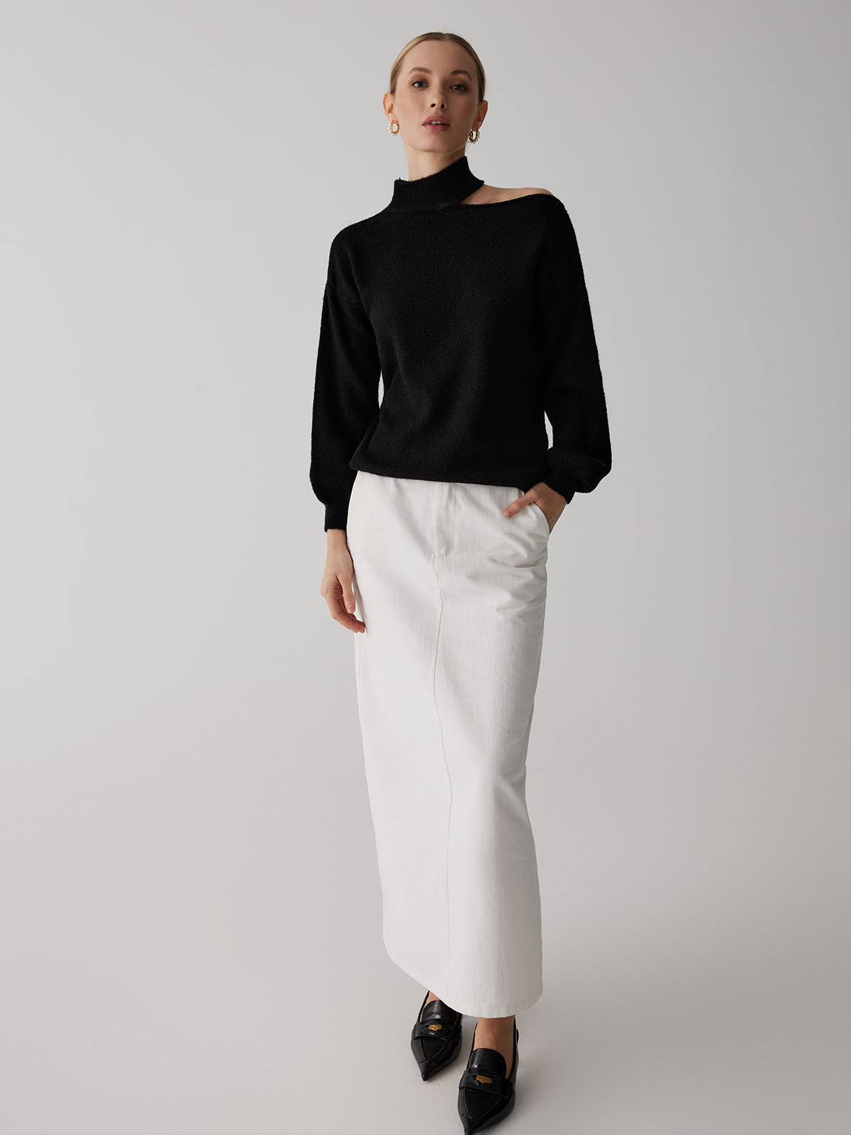 Off-Shoulder Turtleneck Sweater — Black — Svelte Chic