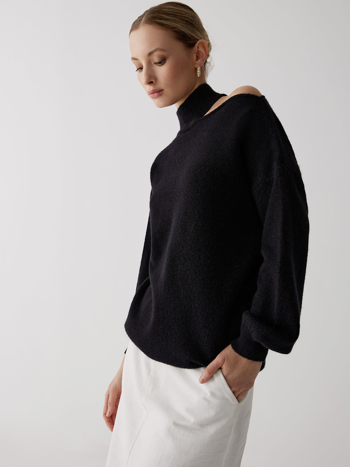 Off-Shoulder Turtleneck Sweater — Black — Svelte Chic