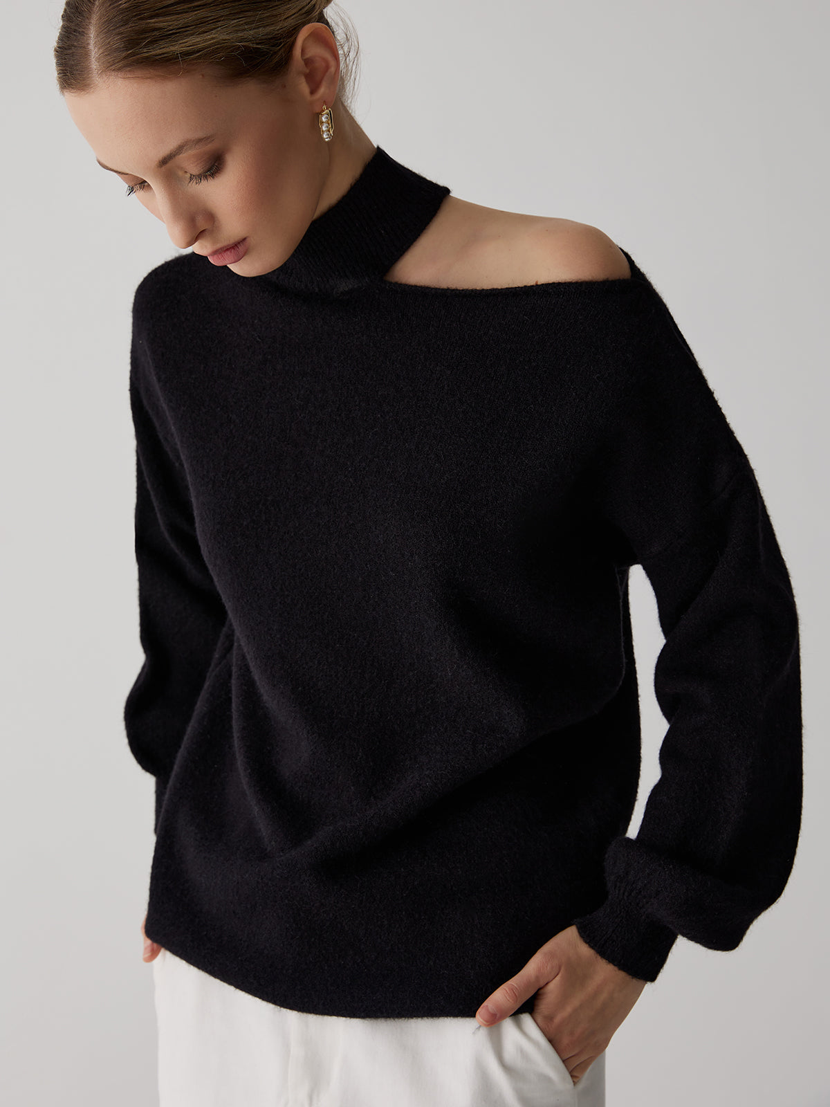 Off-Shoulder Turtleneck Sweater — Black in Black — Svelte Chic