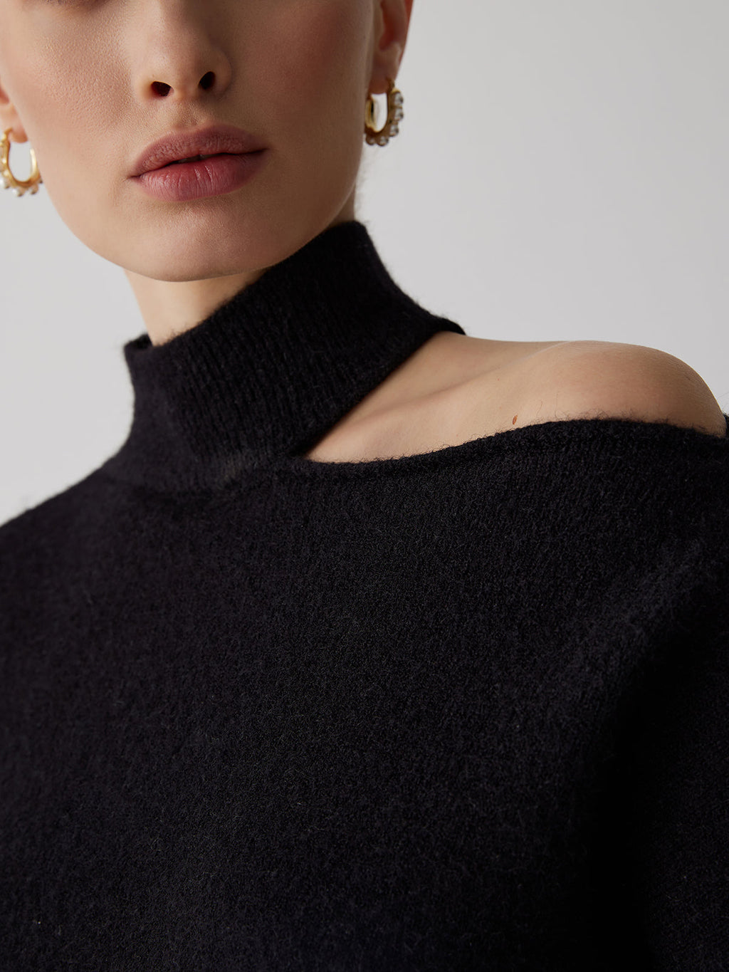 Off-Shoulder Turtleneck Sweater — Black — Svelte Chic