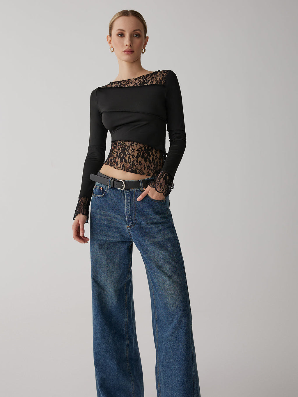 Lace Patchwork Long Sleeve Top — Black in Black — Svelte Chic