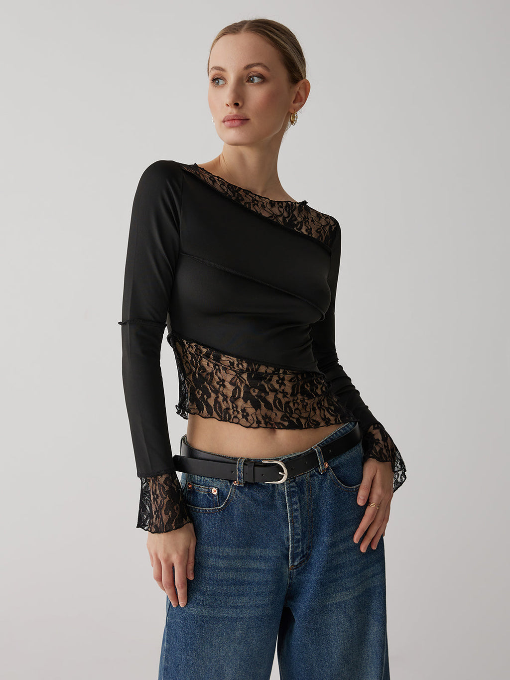 Lace Patchwork Long Sleeve Top — Black — Svelte Chic