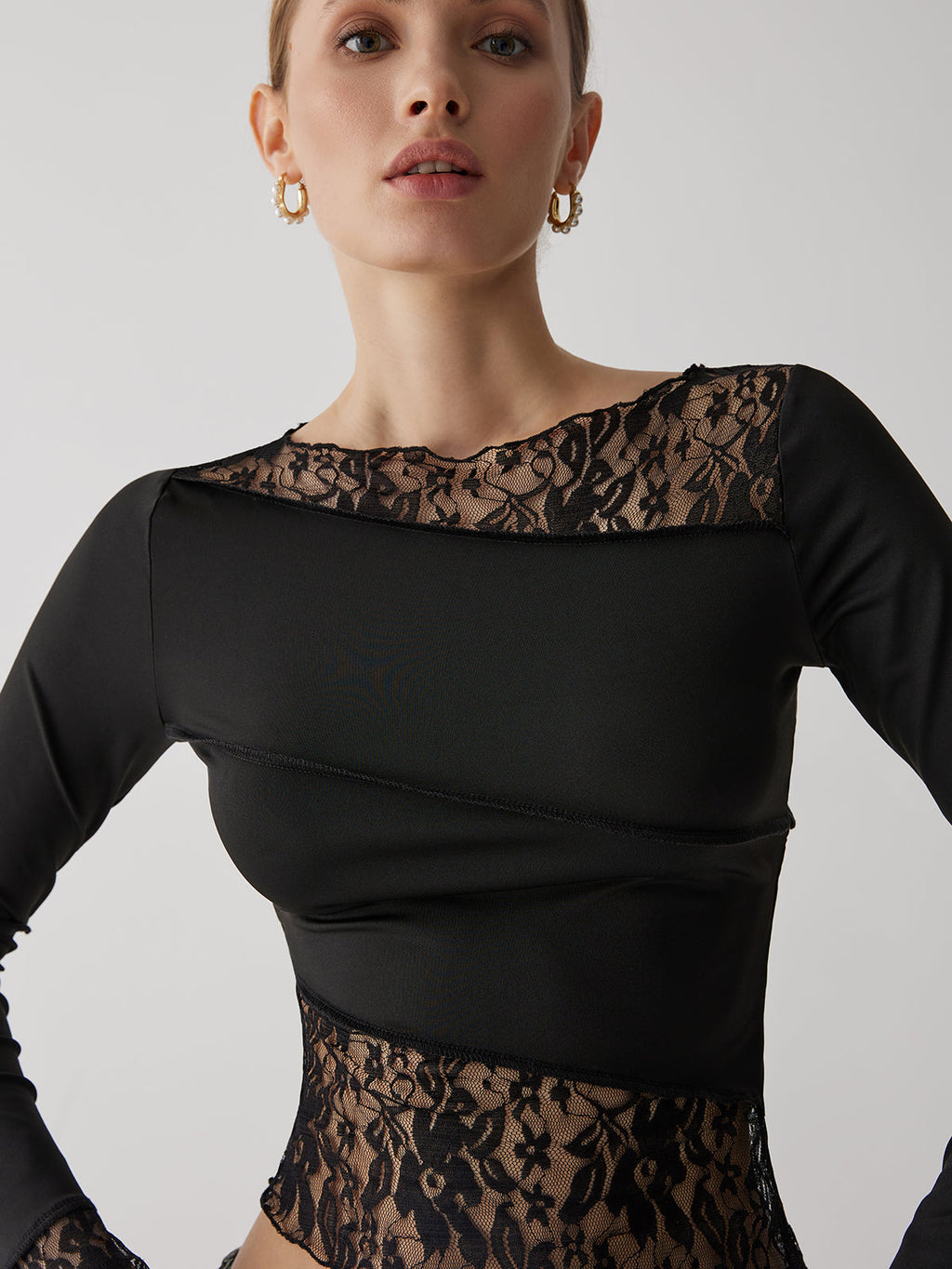 Lace Patchwork Long Sleeve Top — Black — Svelte Chic
