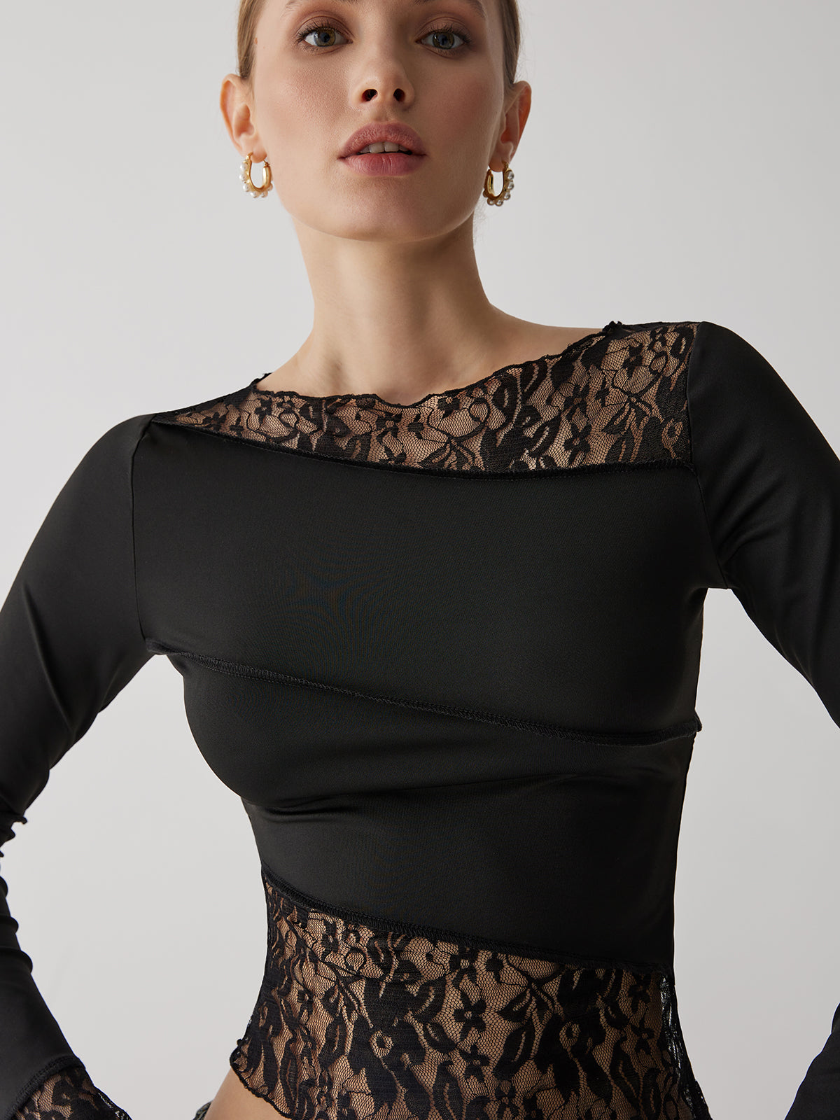 Lace Patchwork Long Sleeve Top — Black — Svelte Chic