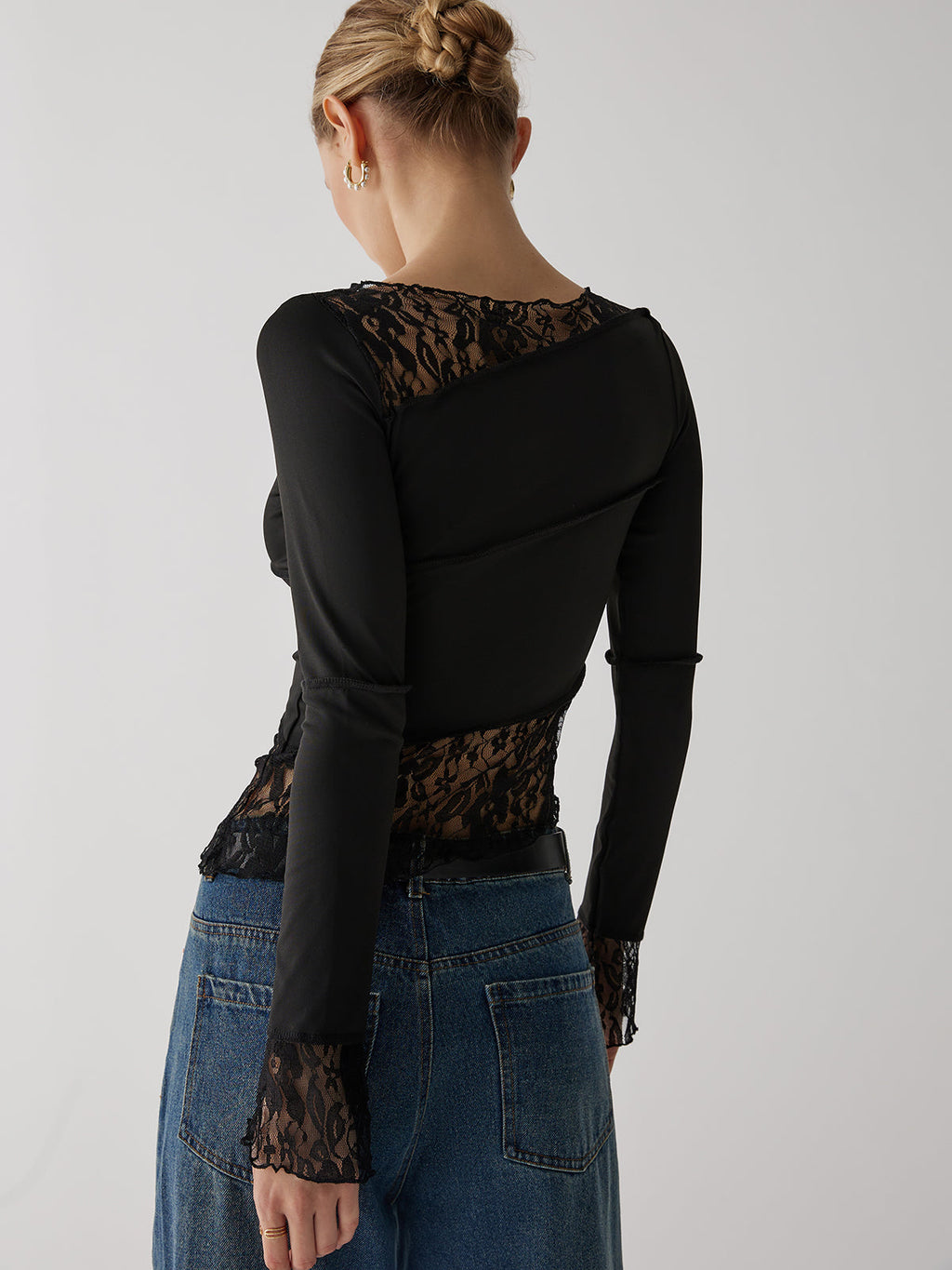 Lace Patchwork Long Sleeve Top — Black — Svelte Chic
