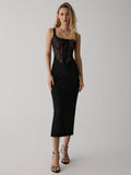 Lace Corset Square Neck Maxi Dress — Black in Black — Svelte Chic