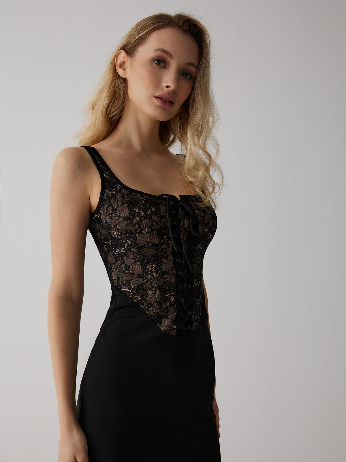 Lace Corset Square Neck Maxi Dress — Black — Svelte Chic