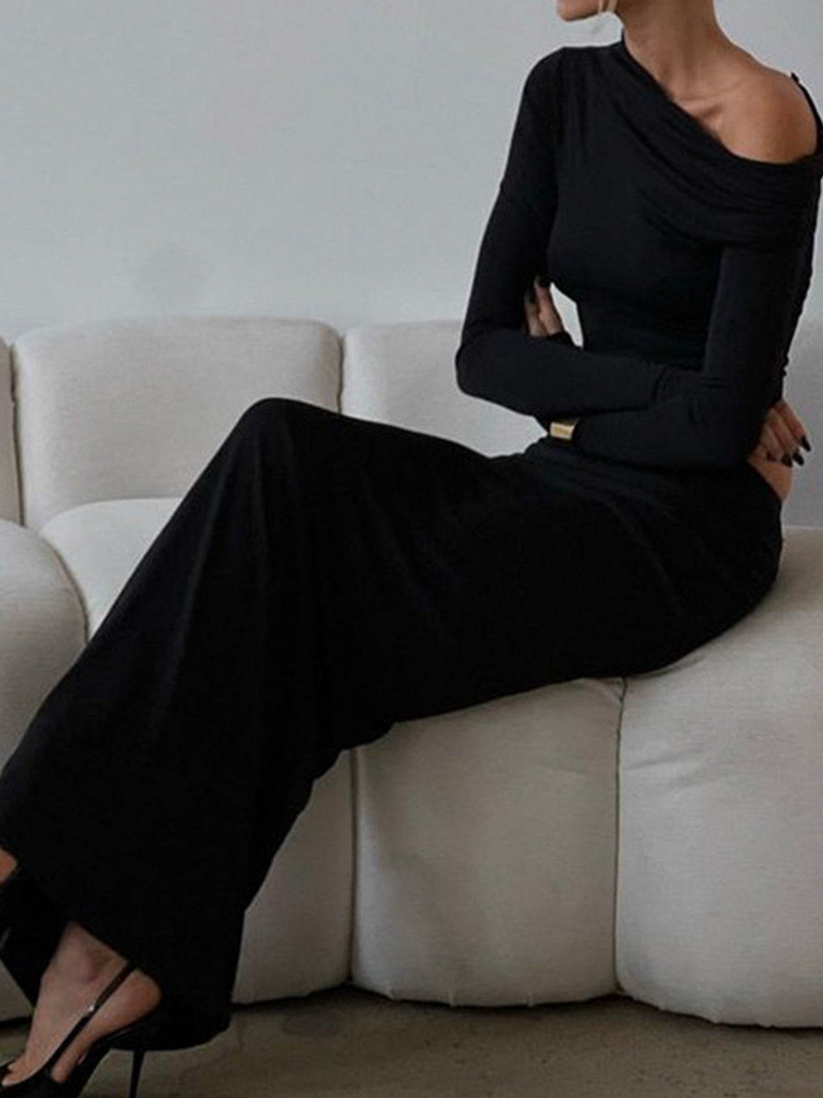 One-Shoulder Matte Jersey Maxi Skirt Set — Black — Svelte Chic
