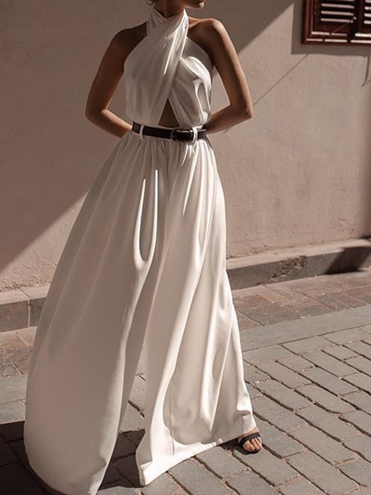Criss-Cross Halter Backless Jumpsuit in White — Svelte Chic