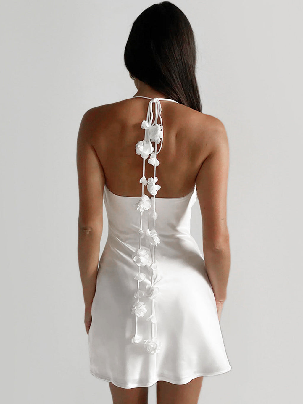 Floral Stripe Backless Halter Mini Dress — White in White — Svelte Chic