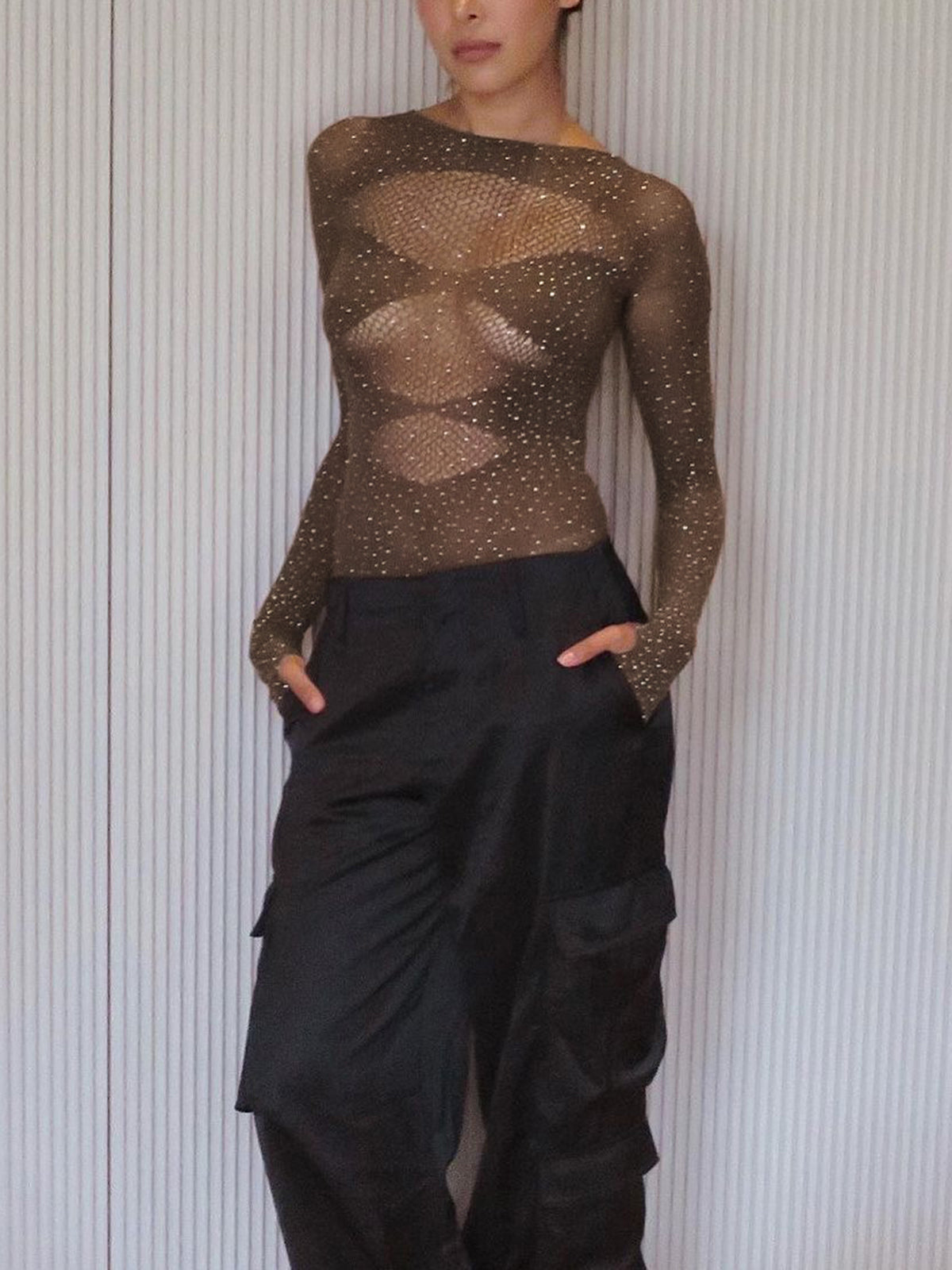 Rhinestone Sheer Cutout Bodysuit — Long Sleeve — Svelte Chic