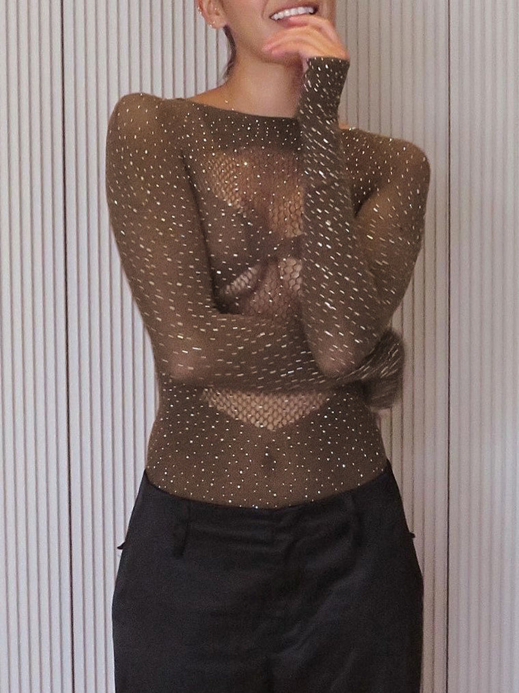Rhinestone Sheer Cutout Bodysuit — Long Sleeve — Svelte Chic