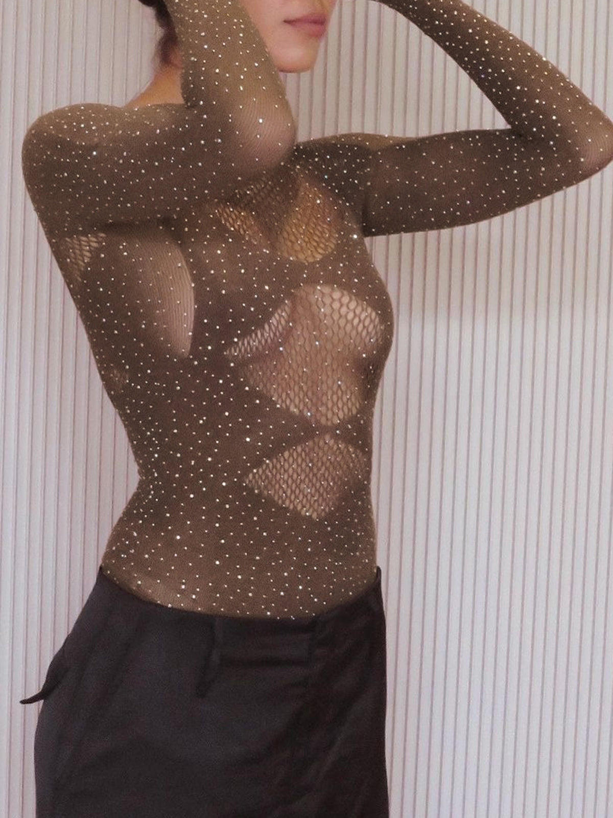 Rhinestone Sheer Cutout Bodysuit — Long Sleeve — Svelte Chic