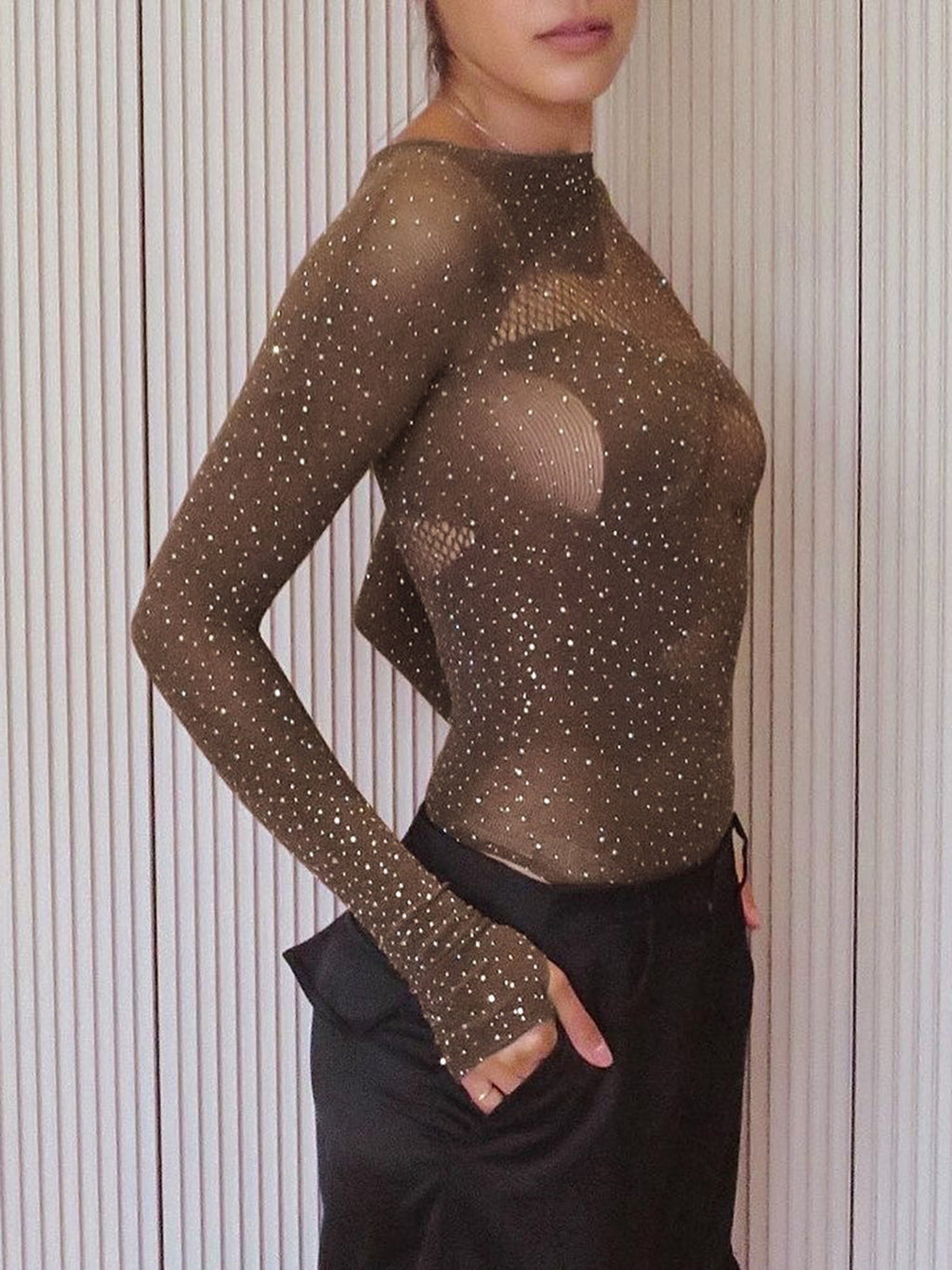 Rhinestone Sheer Cutout Bodysuit — Long Sleeve in Brown — Svelte Chic