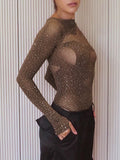 Rhinestone Sheer Cutout Bodysuit — Long Sleeve in Brown — Svelte Chic