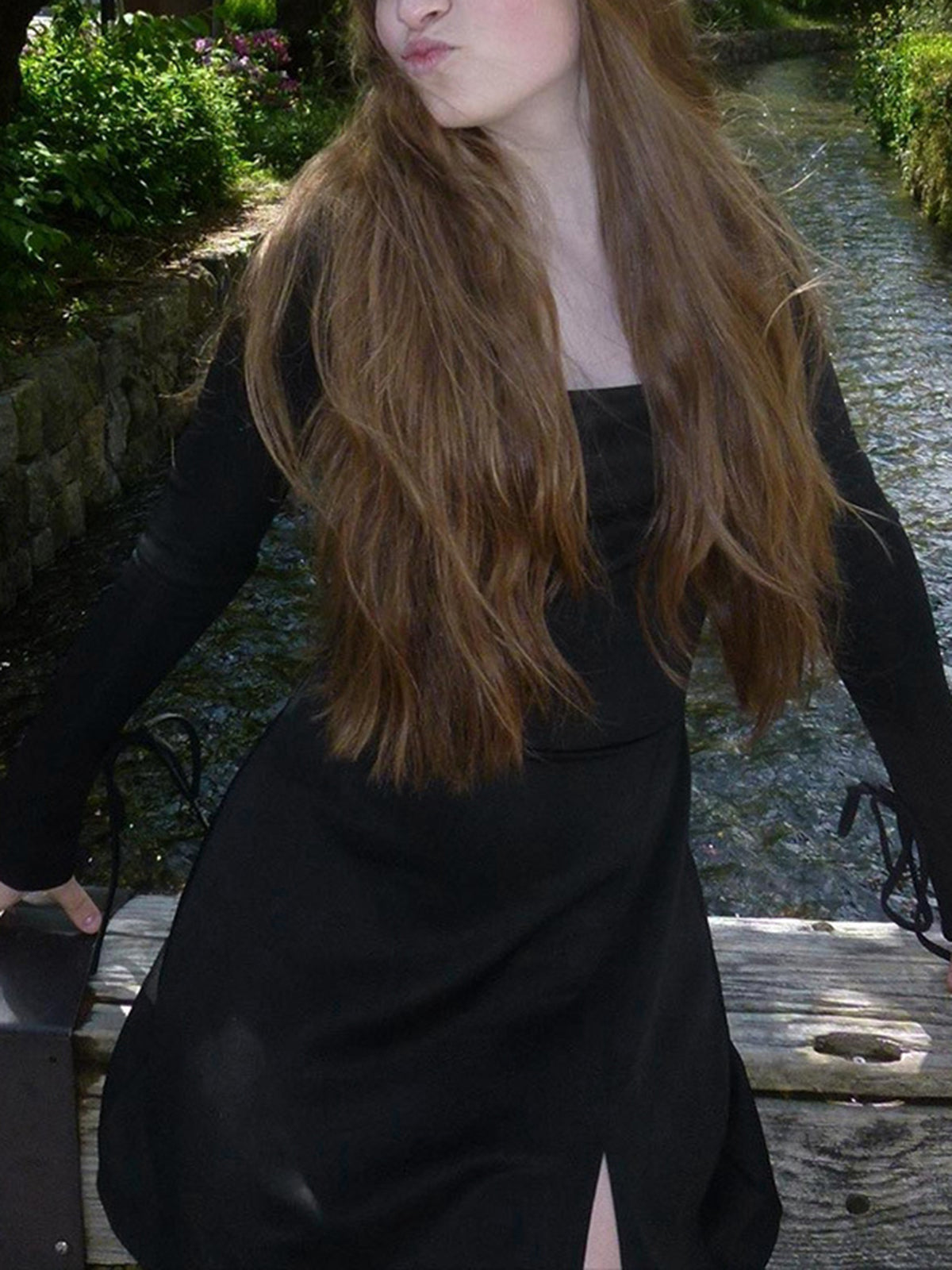 Long Sleeve Split Mini Dress — Black Square Neck — Svelte Chic