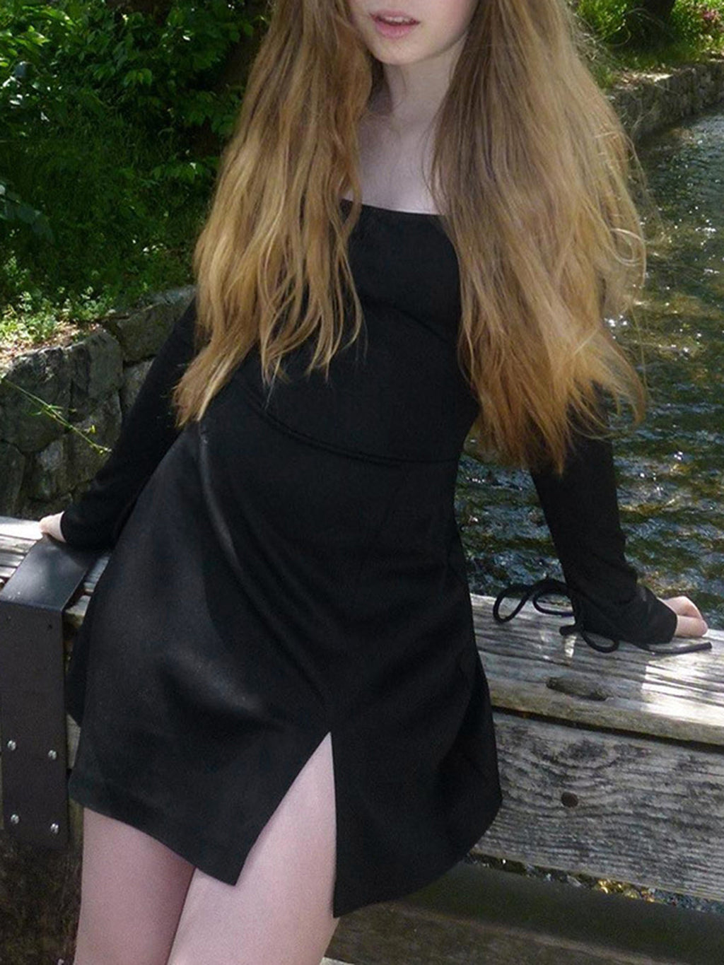 Long Sleeve Split Mini Dress — Black Square Neck — Svelte Chic