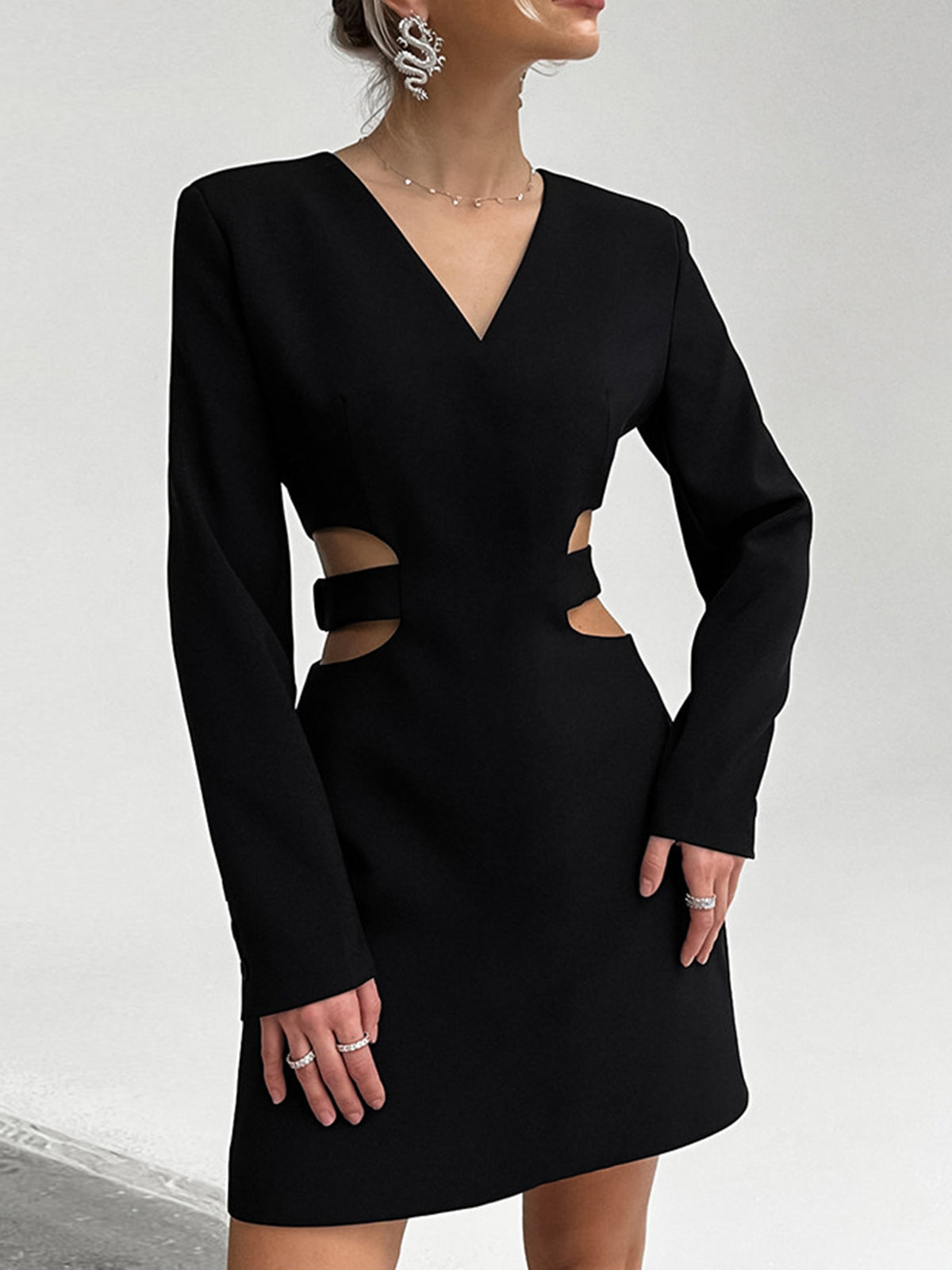 Waist Cutout V-Neck Mini Dress — Black Long Sleeve in Black — Svelte Chic