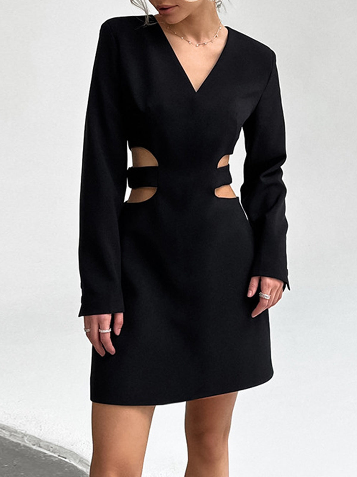 Waist Cutout V-Neck Mini Dress — Black Long Sleeve — Svelte Chic