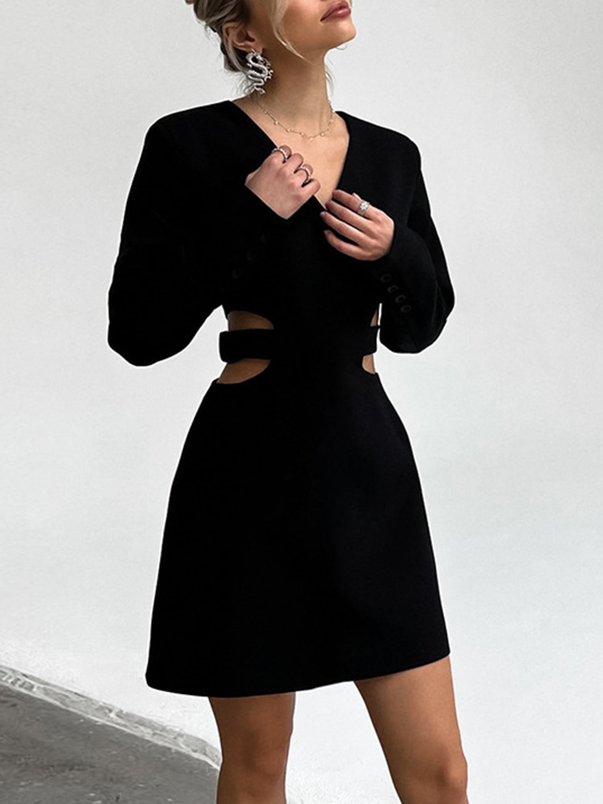 Waist Cutout V-Neck Mini Dress — Black Long Sleeve — Svelte Chic