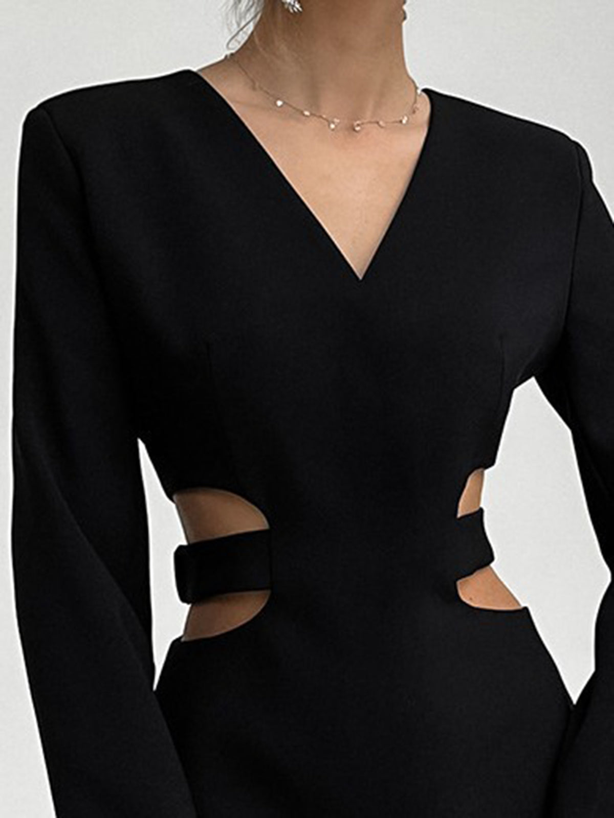 Waist Cutout V-Neck Mini Dress — Black Long Sleeve — Svelte Chic