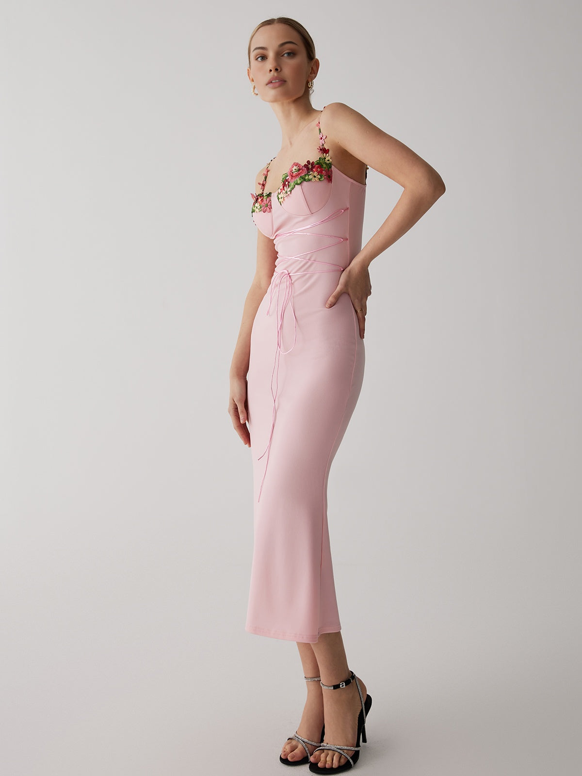 Amaris Floral Lace-Up Maxi Dress — Powder Pink — Svelte Chic