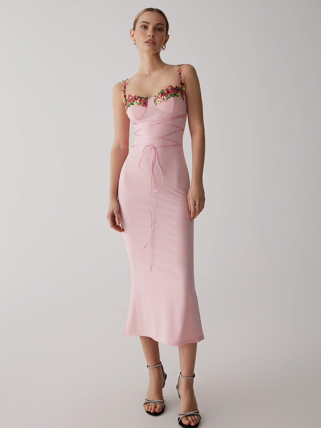 Amaris Floral Lace-Up Maxi Dress — Powder Pink in Pink — Svelte Chic