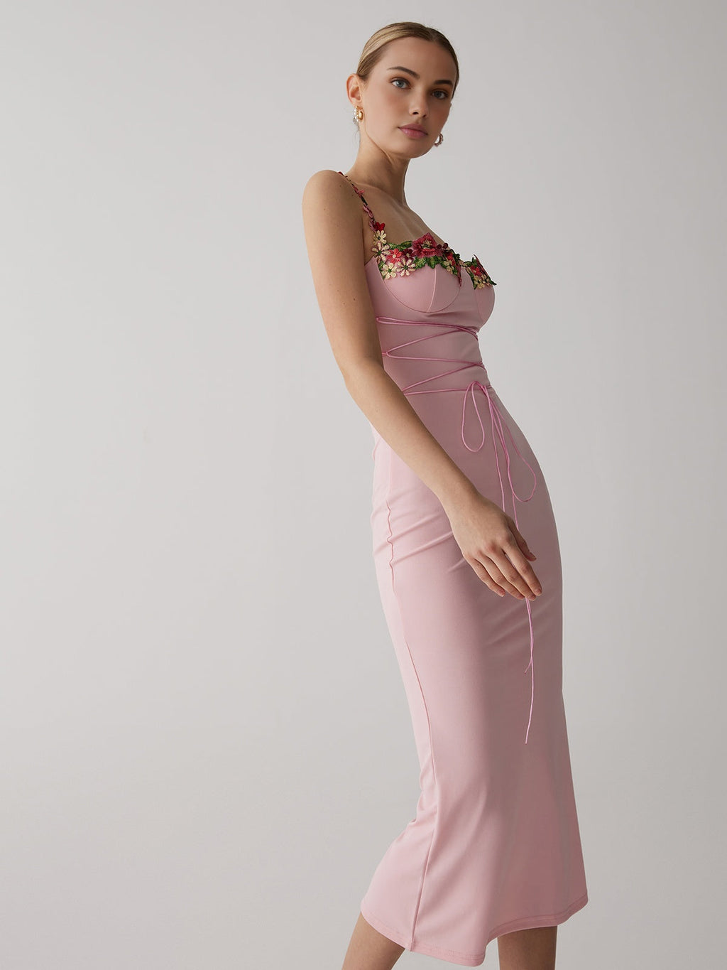 Amaris Floral Lace-Up Maxi Dress — Powder Pink — Svelte Chic