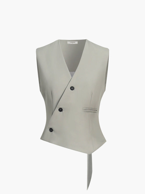 Asymmetric Button Sleeveless Vest — Grey in Grey — Svelte Chic