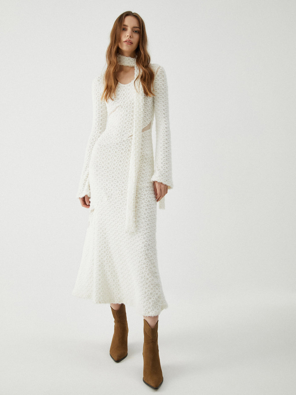 Jacquard Long Sleeve Maxi Dress — Off-White V-Neck — Svelte Chic