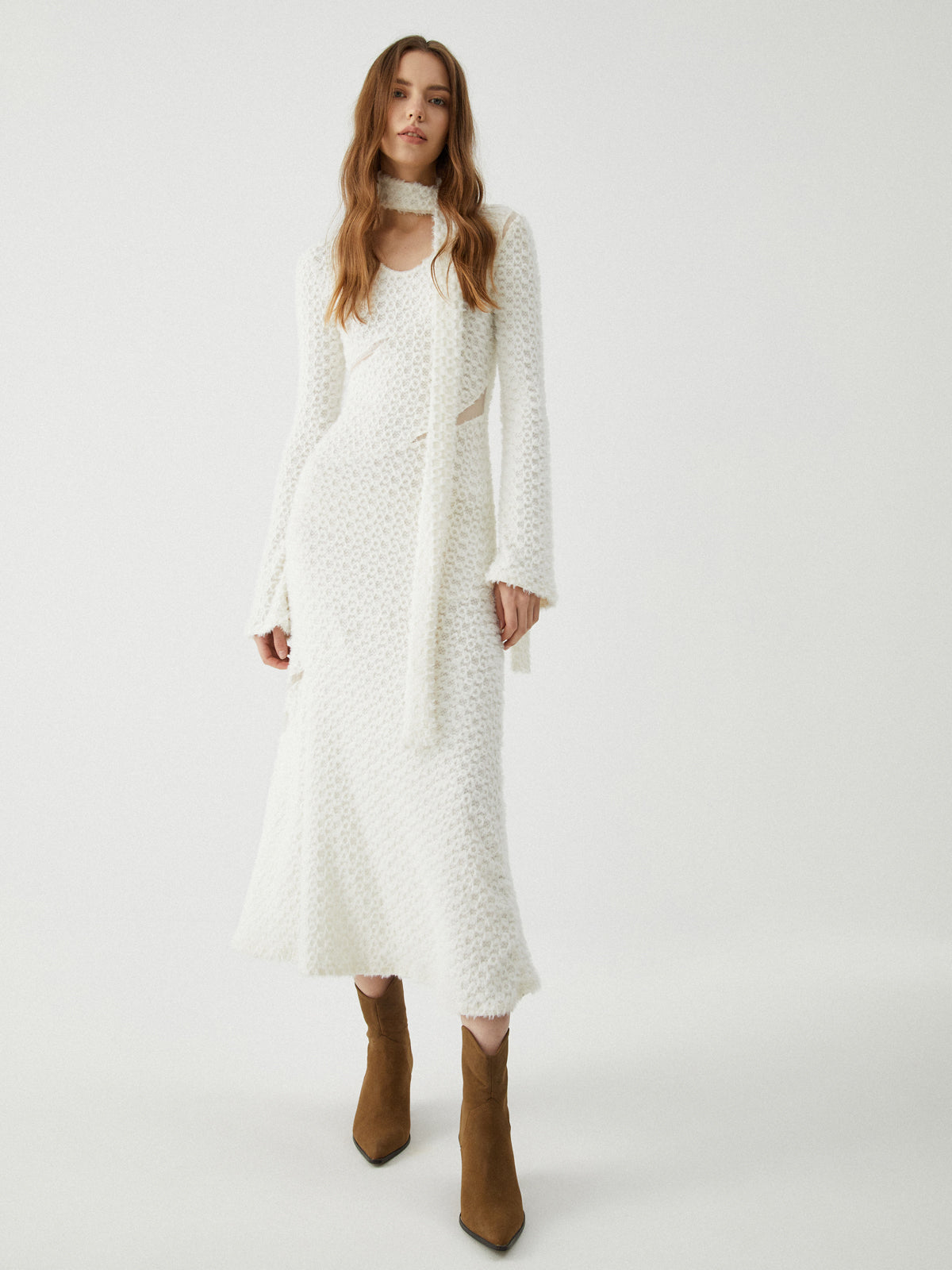 Jacquard Long Sleeve Maxi Dress — Off-White V-Neck — Svelte Chic